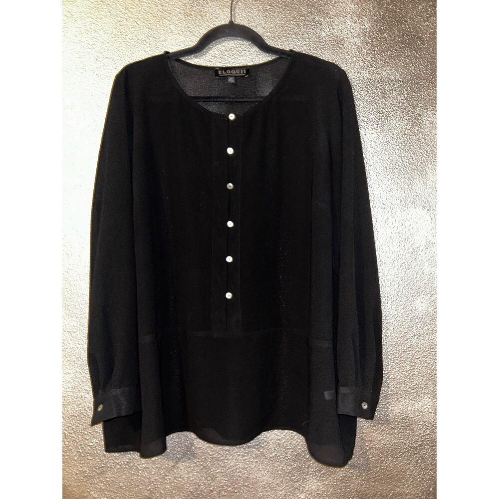 Eloquii Preppy Dark Academia Studious Sheer Black Long Sleeves Blouse Top